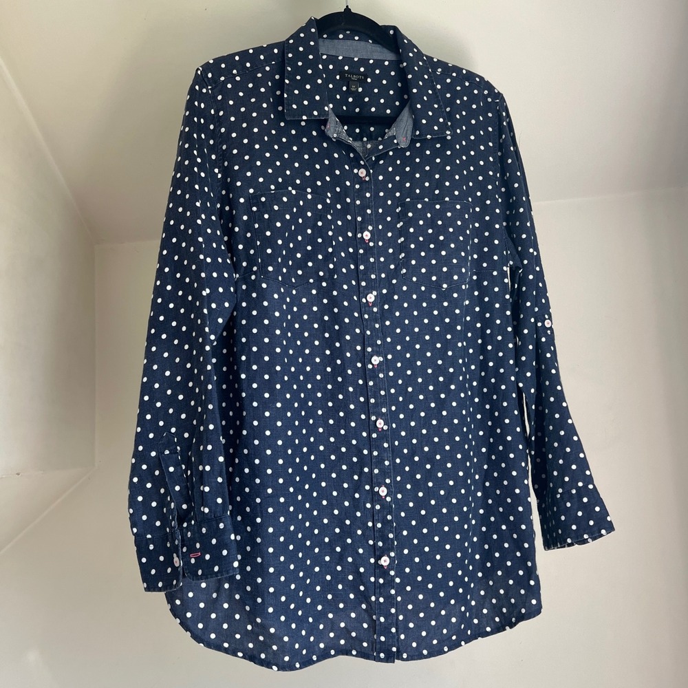 Talbots Women's 1X Linen Button Down Shirt Top Navy‎ Polka Dot Coastal Blouse
